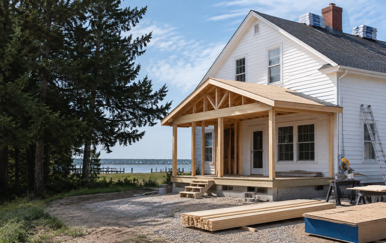 A coastal home with a timber porch addition under construction